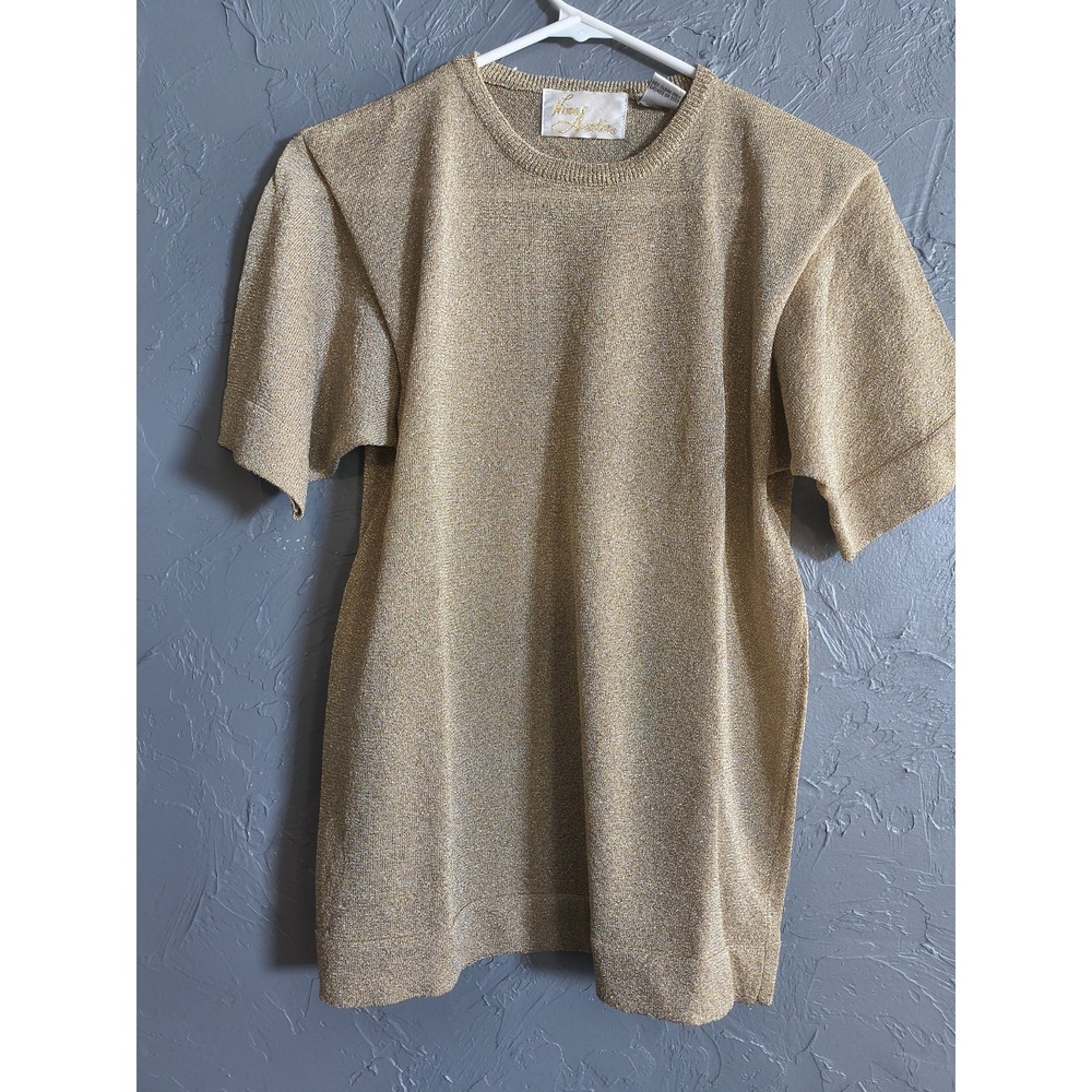 Vtg NINA AUSTIN‎ Women Glod Blouse Crew Neck Short Sleeve Sz Small